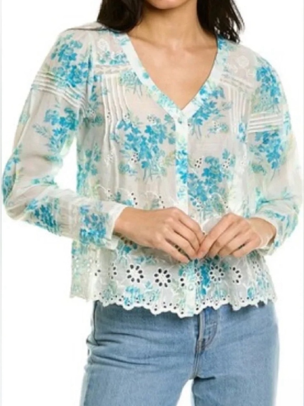 LoveShackFancy Mauro Blouse Magic Turquoise Button Front Floral Chic Size M